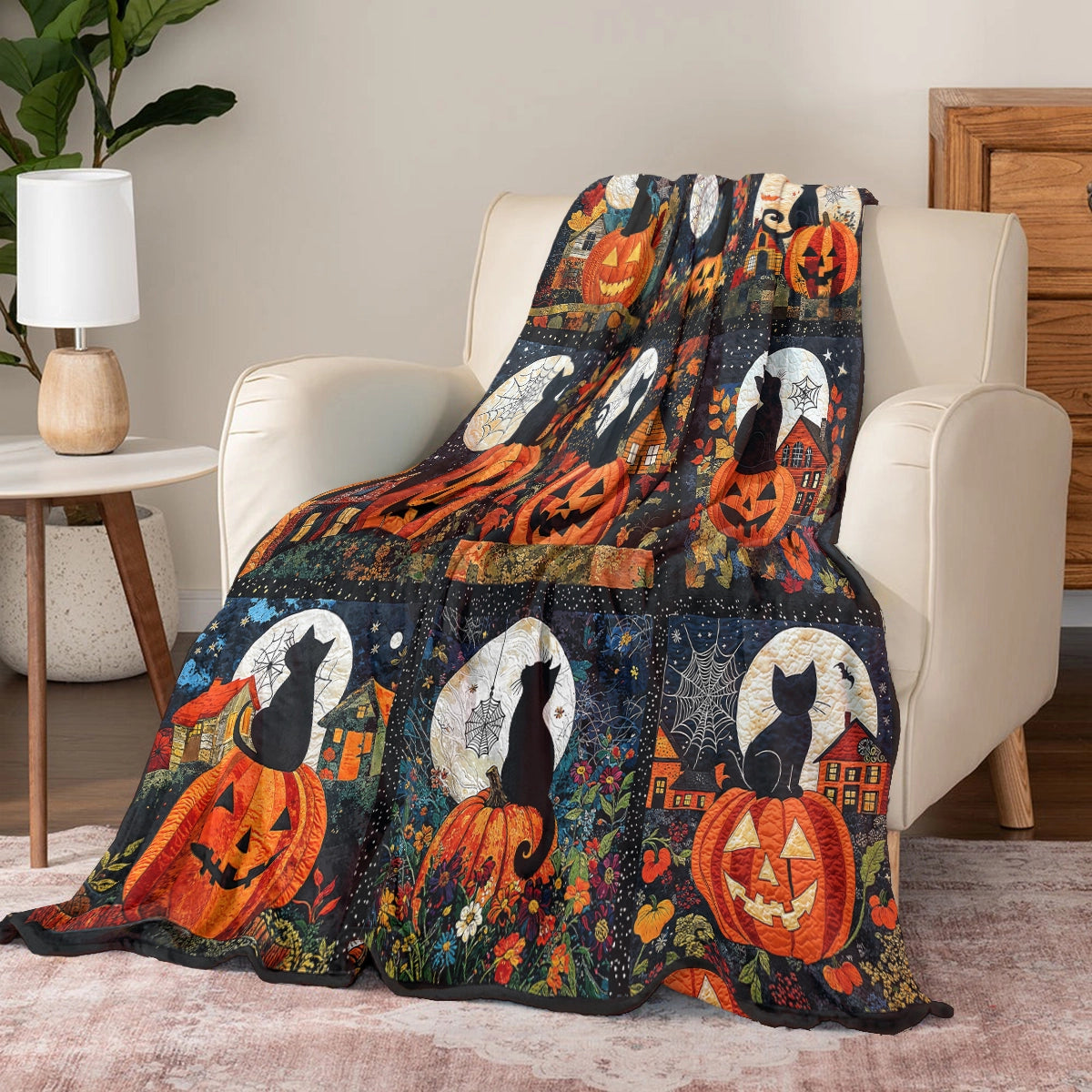 Pajabear Fleece Blanket Black Cat Pumpkins Fall Love Peace