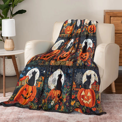 Pajabear Fleece Blanket Black Cat Pumpkins Fall Love Peace