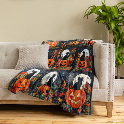 Pajabear Fleece Blanket Black Cat Pumpkins Fall Love Peace