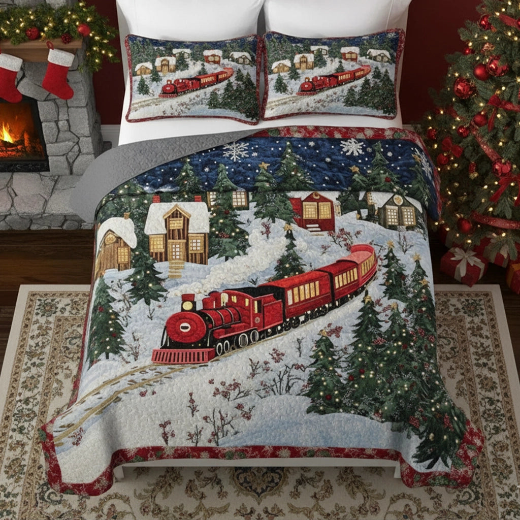 Pajabear Quilt 3-Piece Set Christmas Train Winter Wonderland