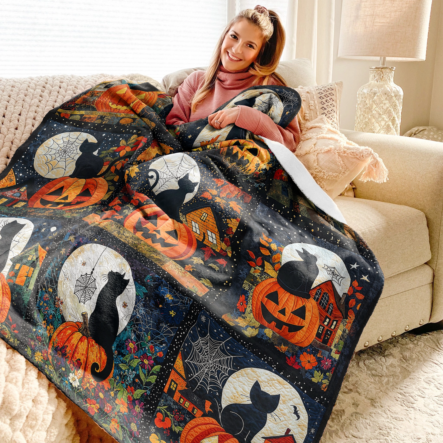 Pajabear Fleece Blanket Black Cat Pumpkins Fall Love Peace