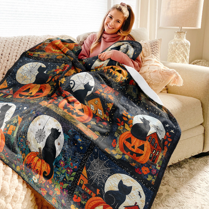 Pajabear Fleece Blanket Black Cat Pumpkins Fall Love Peace