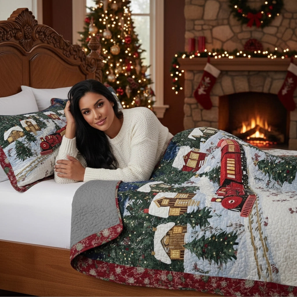 Pajabear Quilt 3-Piece Set Christmas Train Winter Wonderland