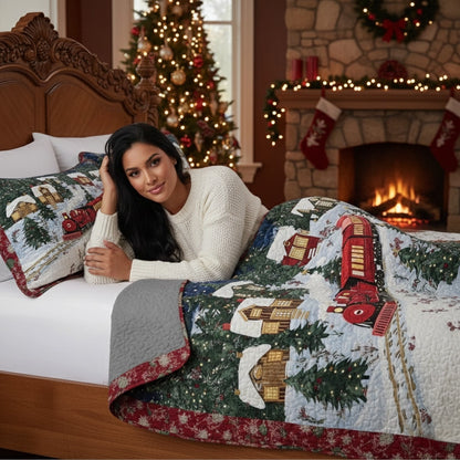 Pajabear Quilt 3-Piece Set Christmas Train Winter Wonderland