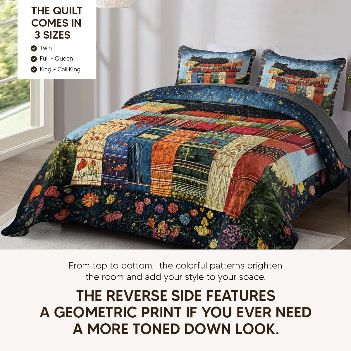 Pajabear Quilt 3-Piece Set Book Nook Cats Reading