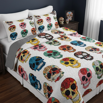 Pajabear Quilt 3-Piece Set Colorful Sugar Skull Roses