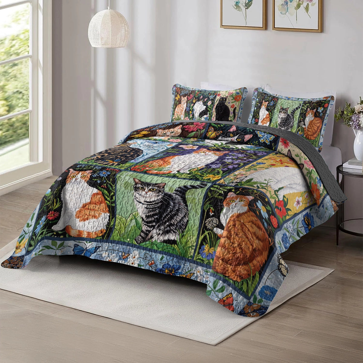 Pajabear Quilt 3-Piece Set Cat Floral Felines
