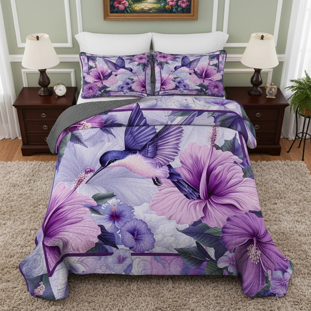 Pajabear Quilt 3-Piece Set Gorgeous Hummingbird With Hibicus Flowers