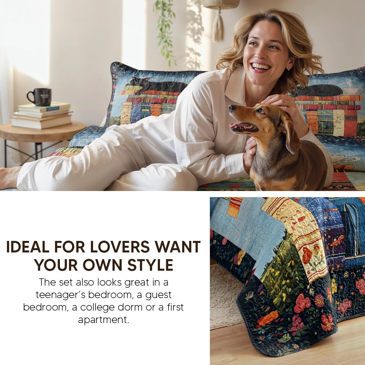 Pajabear Quilt 3-Piece Set Book Nook Cats Reading