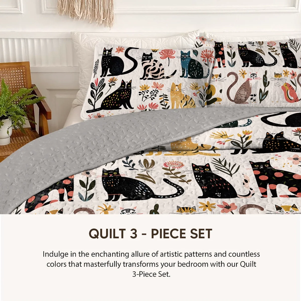 Pajabear Quilt 3-Piece Set Whimsical Cats