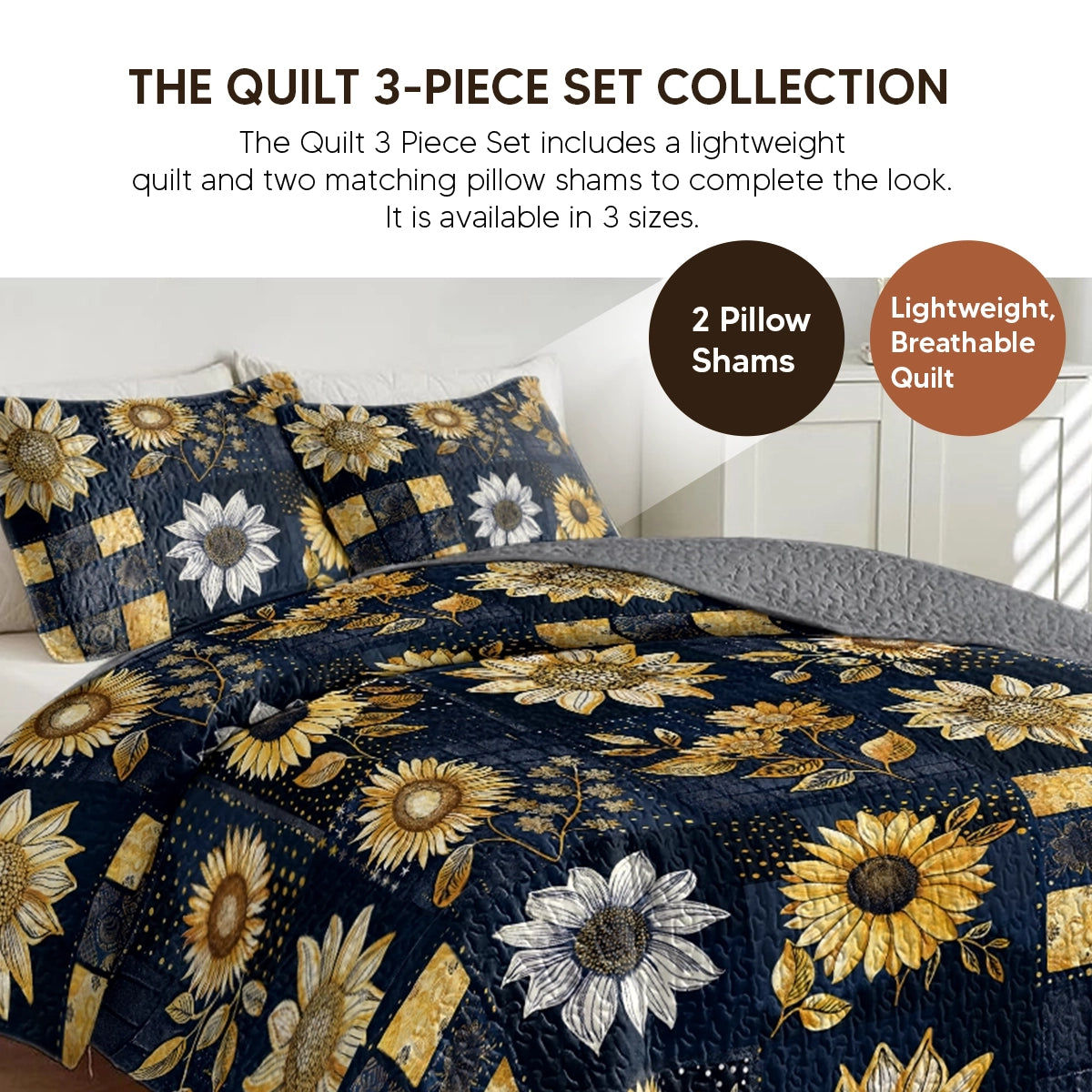 Pajabear Quilt 3-Piece Set Peaceful Farmhouse Sunflower