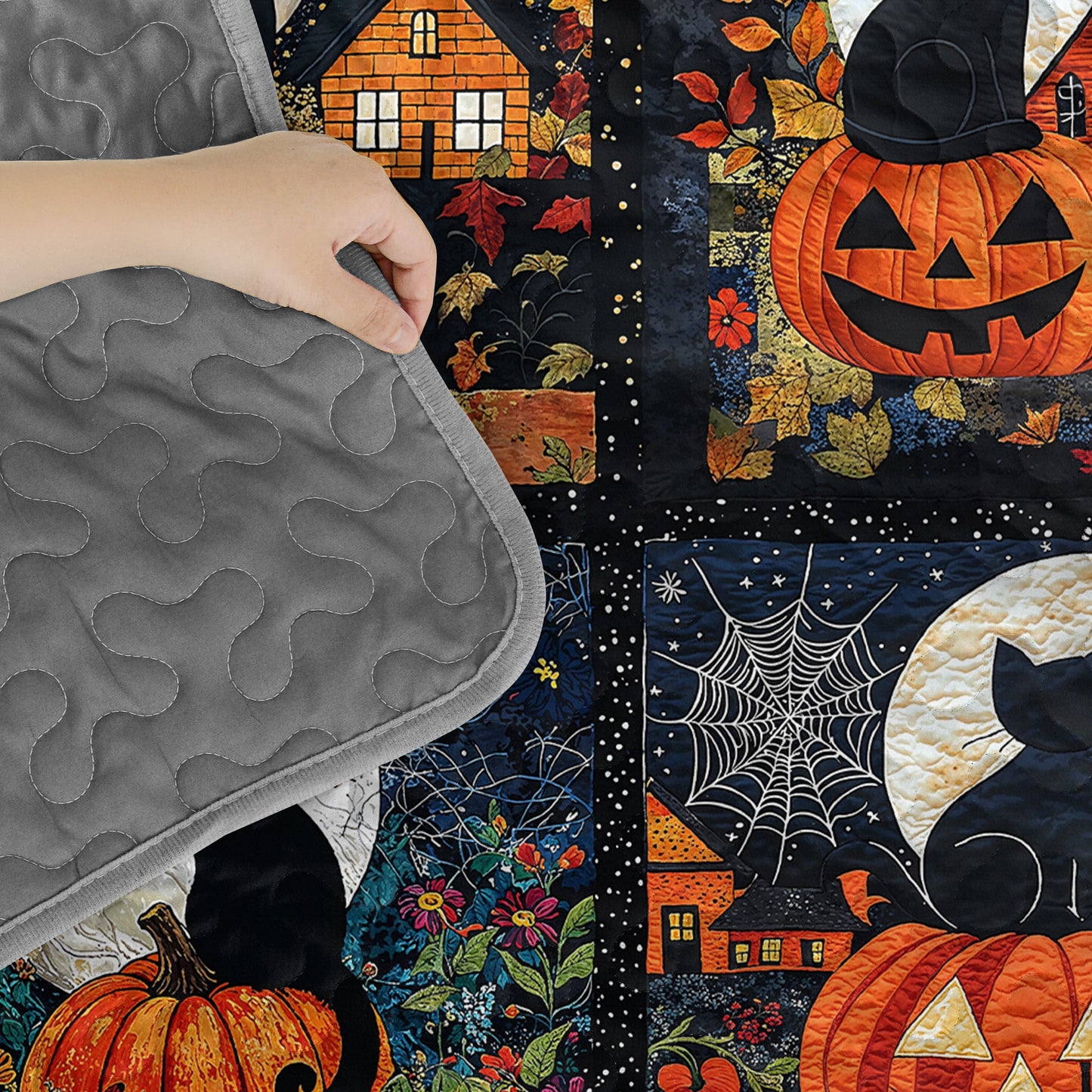 Pajabear All Season Quilt 3-Piece Set Black Cat Pumpkins Fall Love Peace