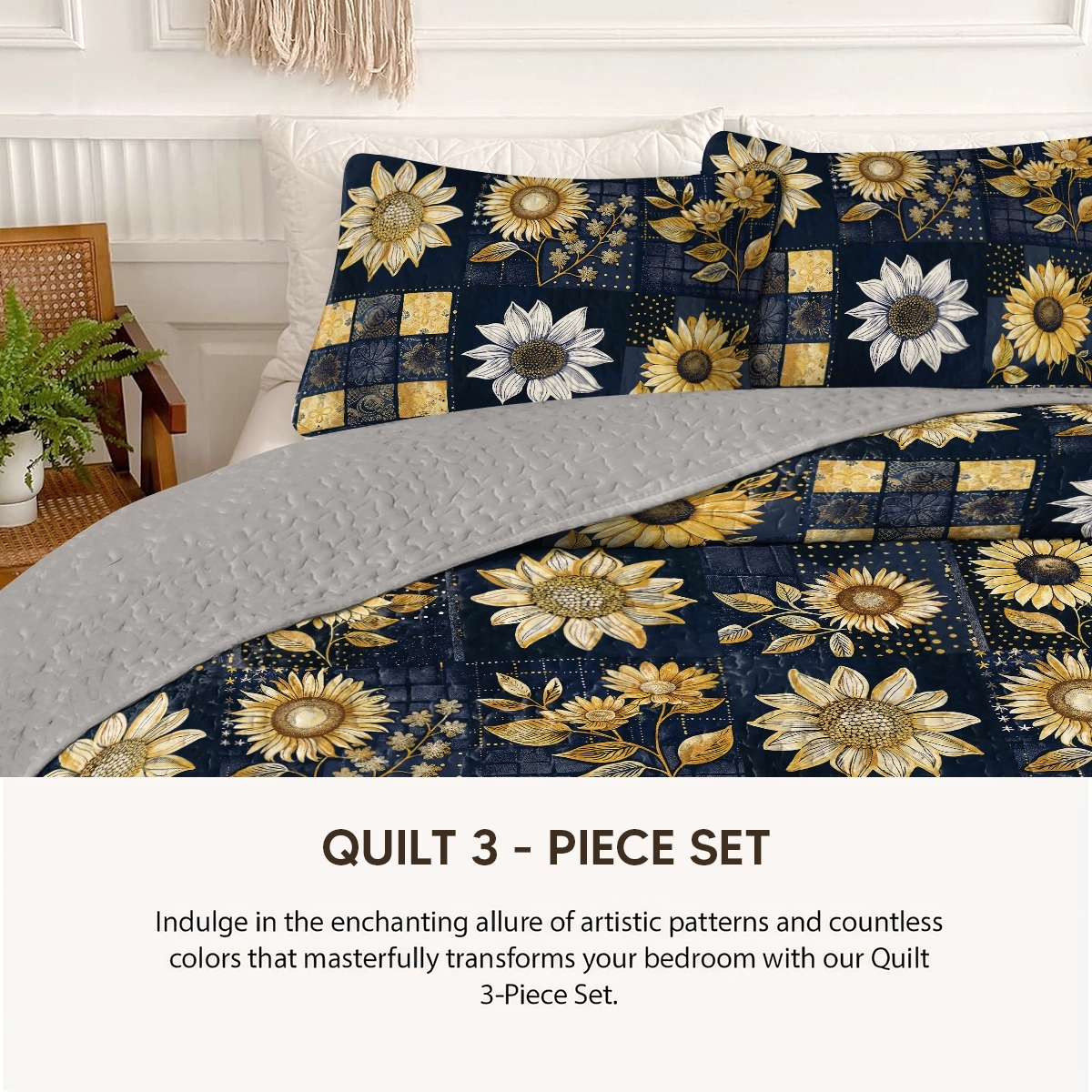 Pajabear Quilt 3-Piece Set Peaceful Farmhouse Sunflower