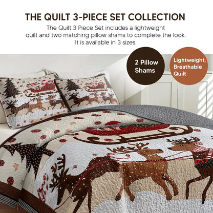 Pajabear Quilt 3-Piece Set Golden Nostalgic Noel Patchwork