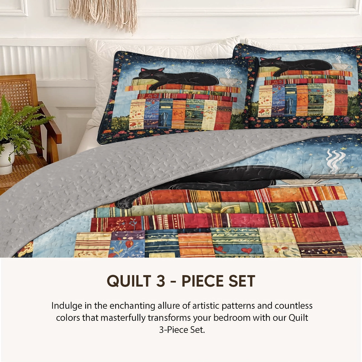 Pajabear Quilt 3-Piece Set Book Nook Cats Reading