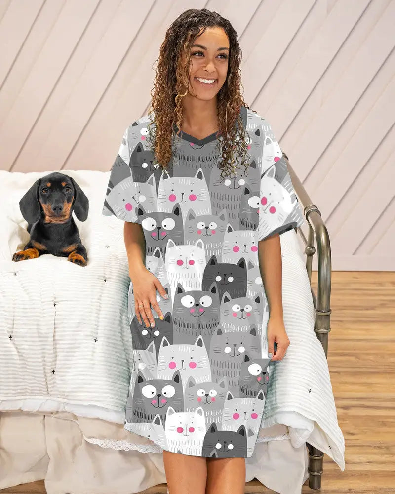 Cat Pajabear® V-Neck Nightshirts Grey Cats Hg23 Nightshirt
