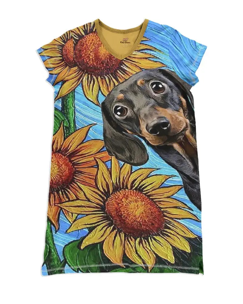 Dachshund Pajabear® V-Neck Women’s Nightshirts With Sunflowers Qa55 Nightshirt