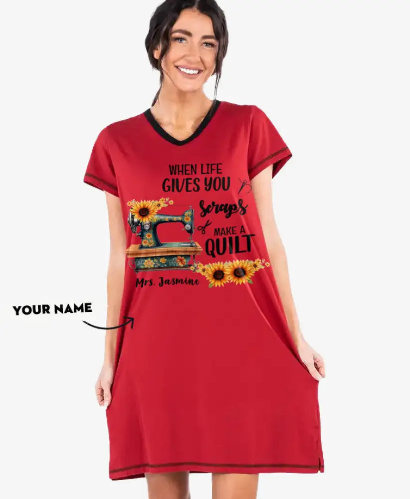 Quilting Pajabear® Personalized V-Neck Nightshirts Make A Quilt Mn8 S / Red Nightshirt