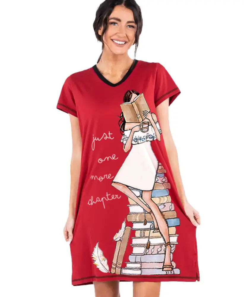 Reading Pajabear® V-Neck Women’s Nightshirts Just One More Chapter Ver.2 Tl10 S / Red Nightshirt