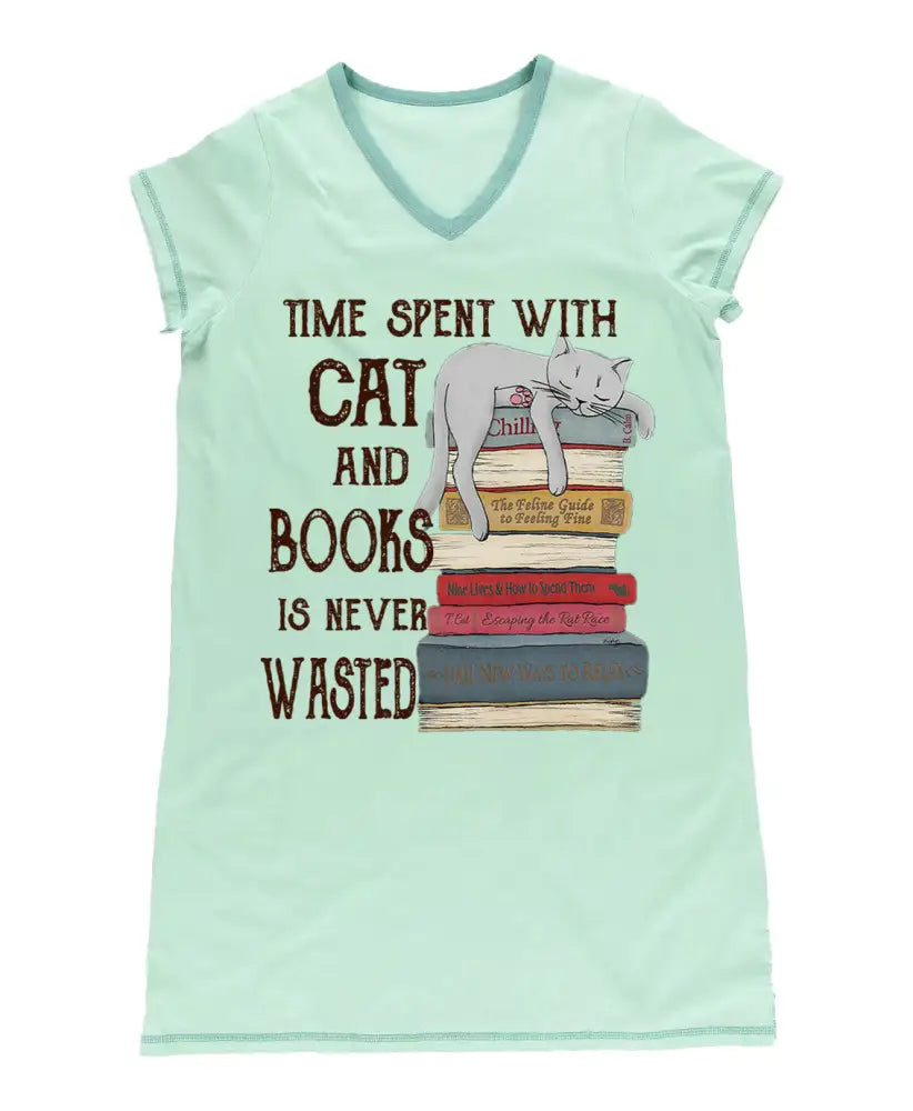 Reading Pajabear® V-Neck Nightshirts Time Spent With Cat And Books Tn22 S / Pale Green Nightshirt