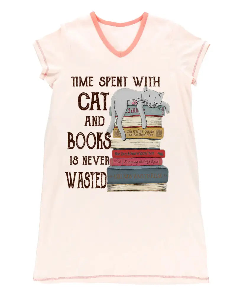Reading Pajabear® V-Neck Nightshirts Time Spent With Cat And Books Tn22 S / Pink Nightshirt