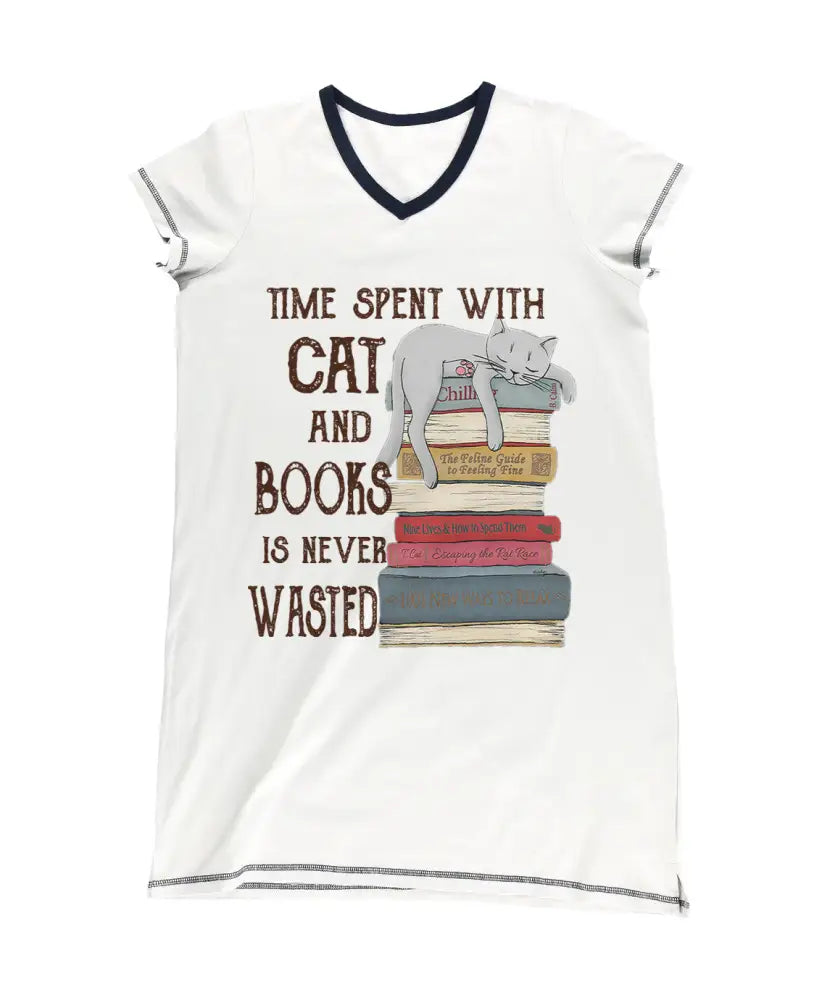 Reading Pajabear® V-Neck Nightshirts Time Spent With Cat And Books Tn22 S / White Nightshirt