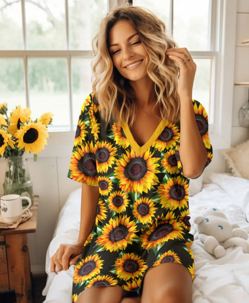 Sunflower Pajabear® V-Neck Nightshirts Glorious Sunflowers Lv01 S / Black Nightshirt