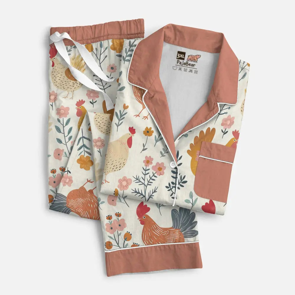 Chicken Pajabear® Top & Pant Pajama Set Floral Chickens Lk8