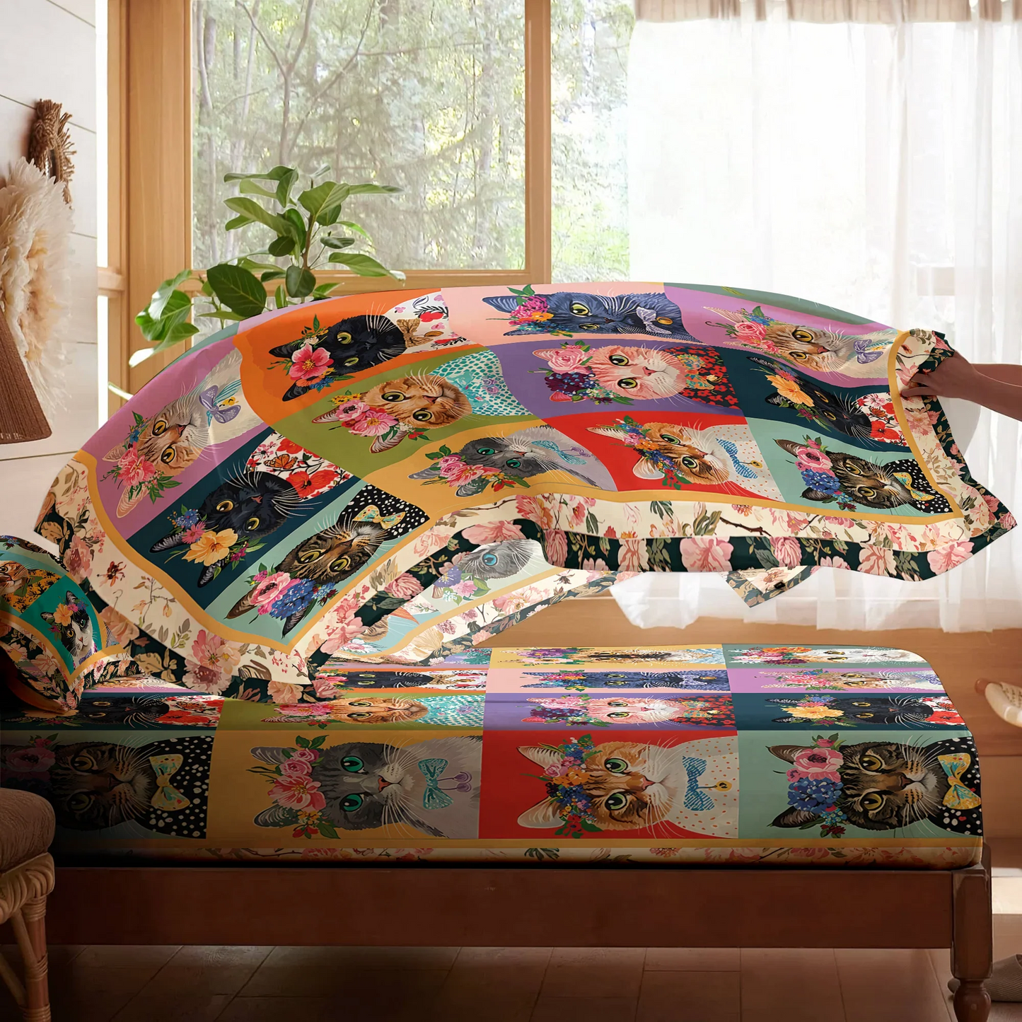 Pajabear 4-Piece Bed Sheet Set Floral Cat Fantasy