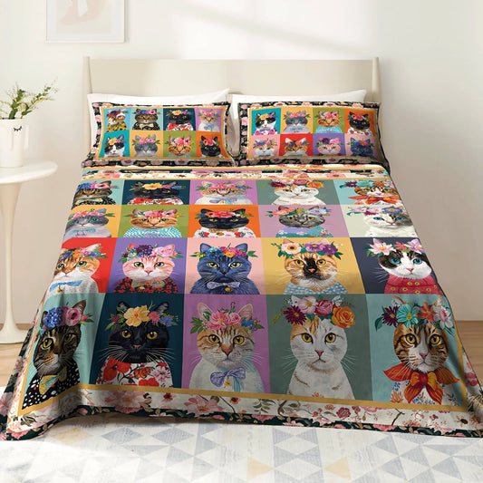 Pajabear 4-Piece Bed Sheet Set Floral Cat Fantasy