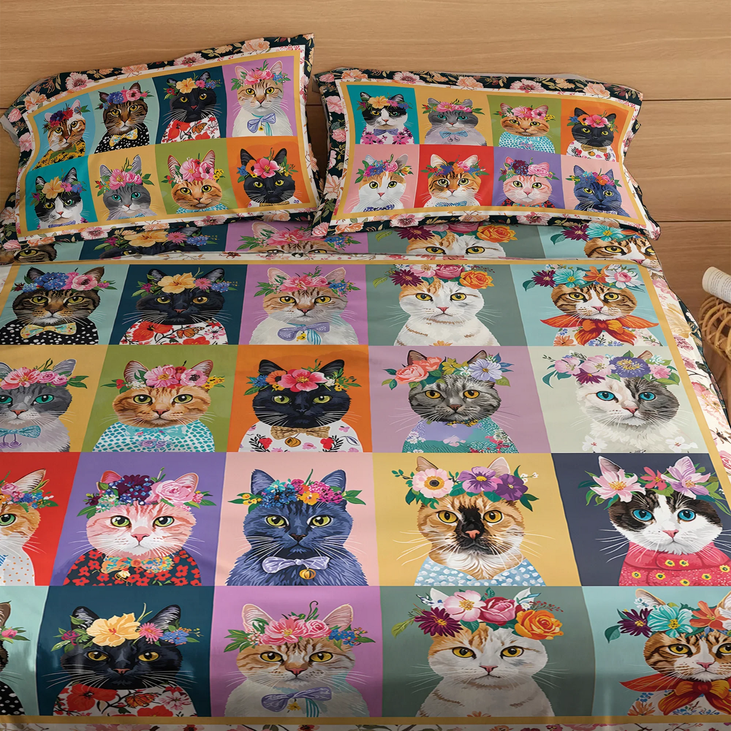Pajabear 4-Piece Bed Sheet Set Floral Cat Fantasy